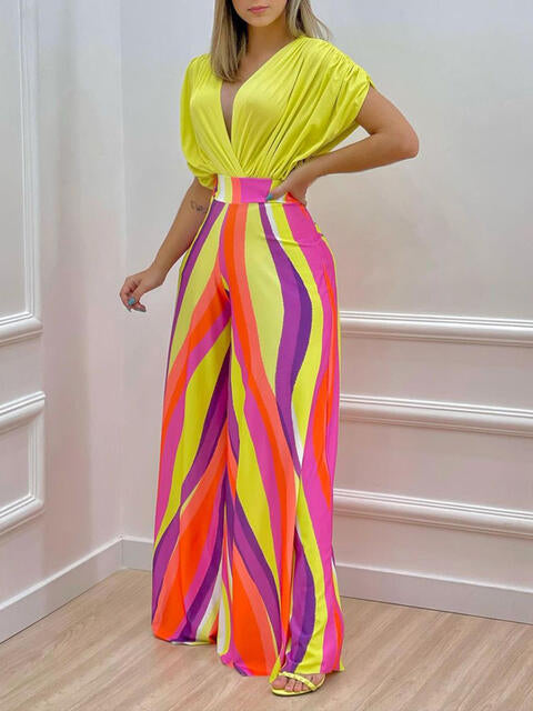 Printed Surplice Top and Wide Leg Pants Set