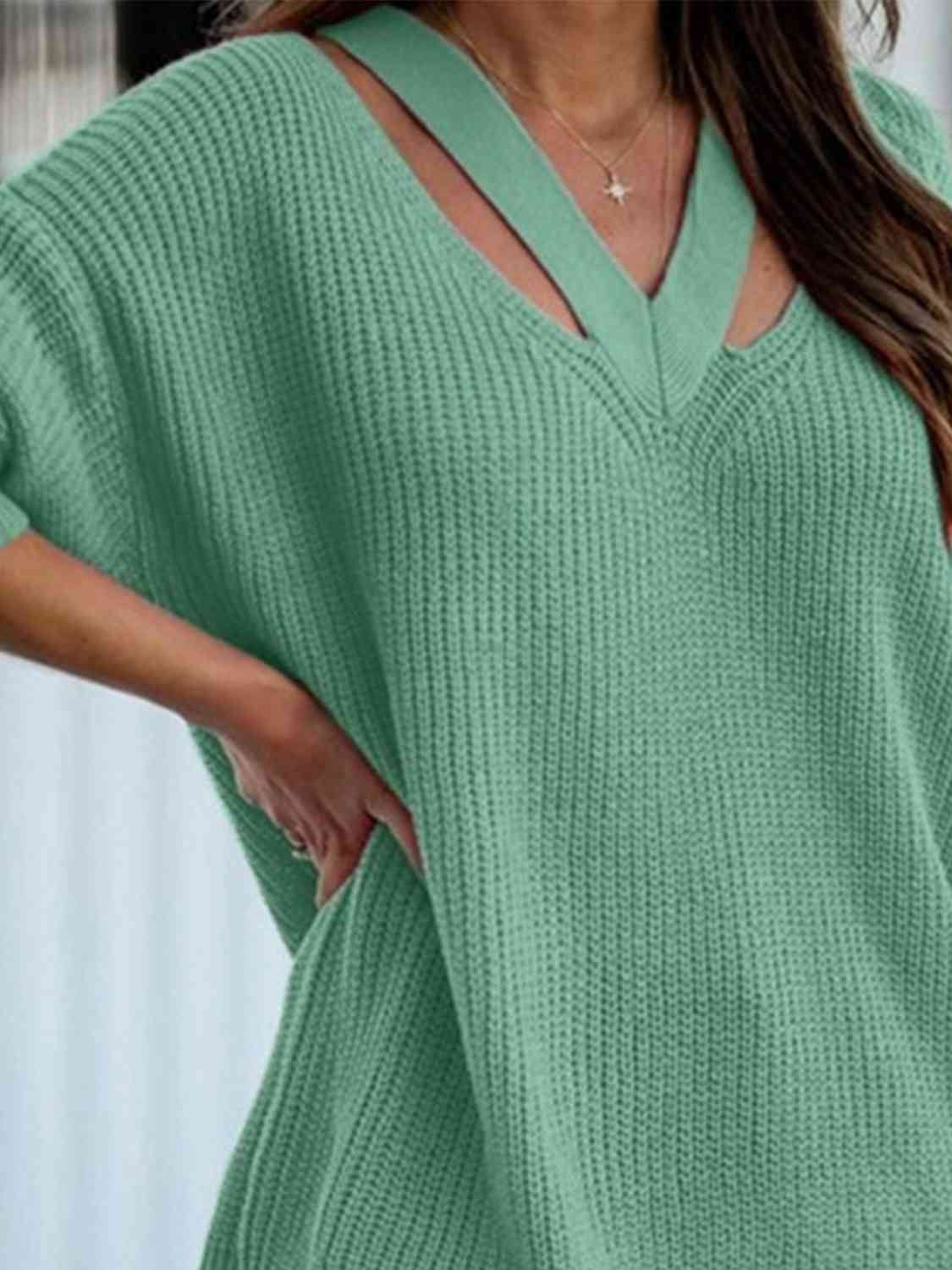 Full Size Cutout V-Neck Rib-Knit Sweater - Deals DejaVu