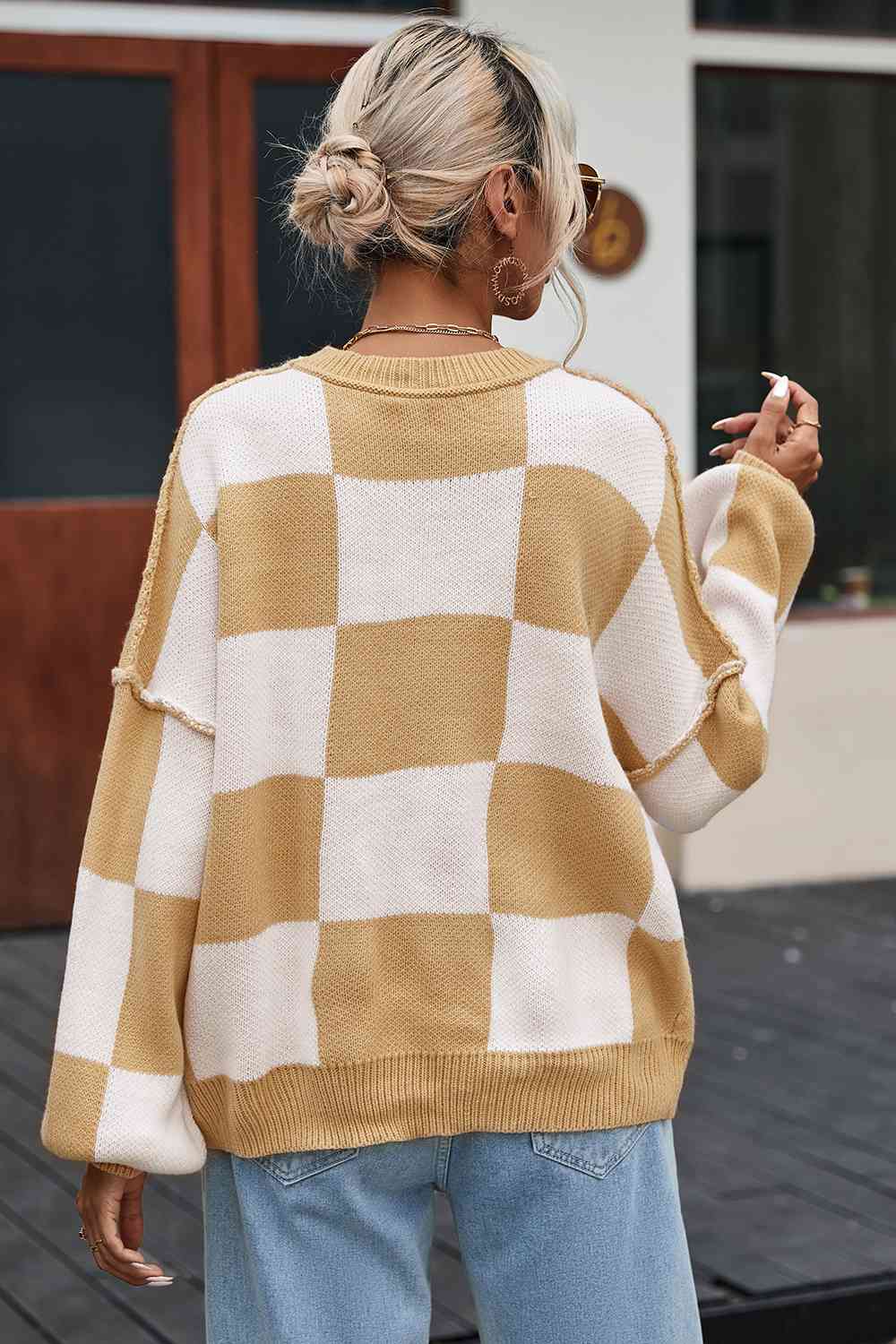 Checkered Exposed Seam Drooped Shoulder Sweater - Deals DejaVu