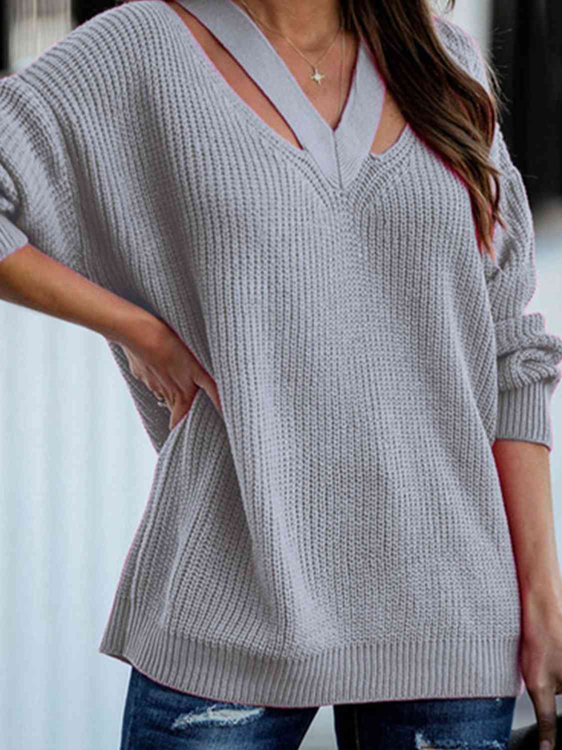 Full Size Cutout V-Neck Rib-Knit Sweater - Deals DejaVu