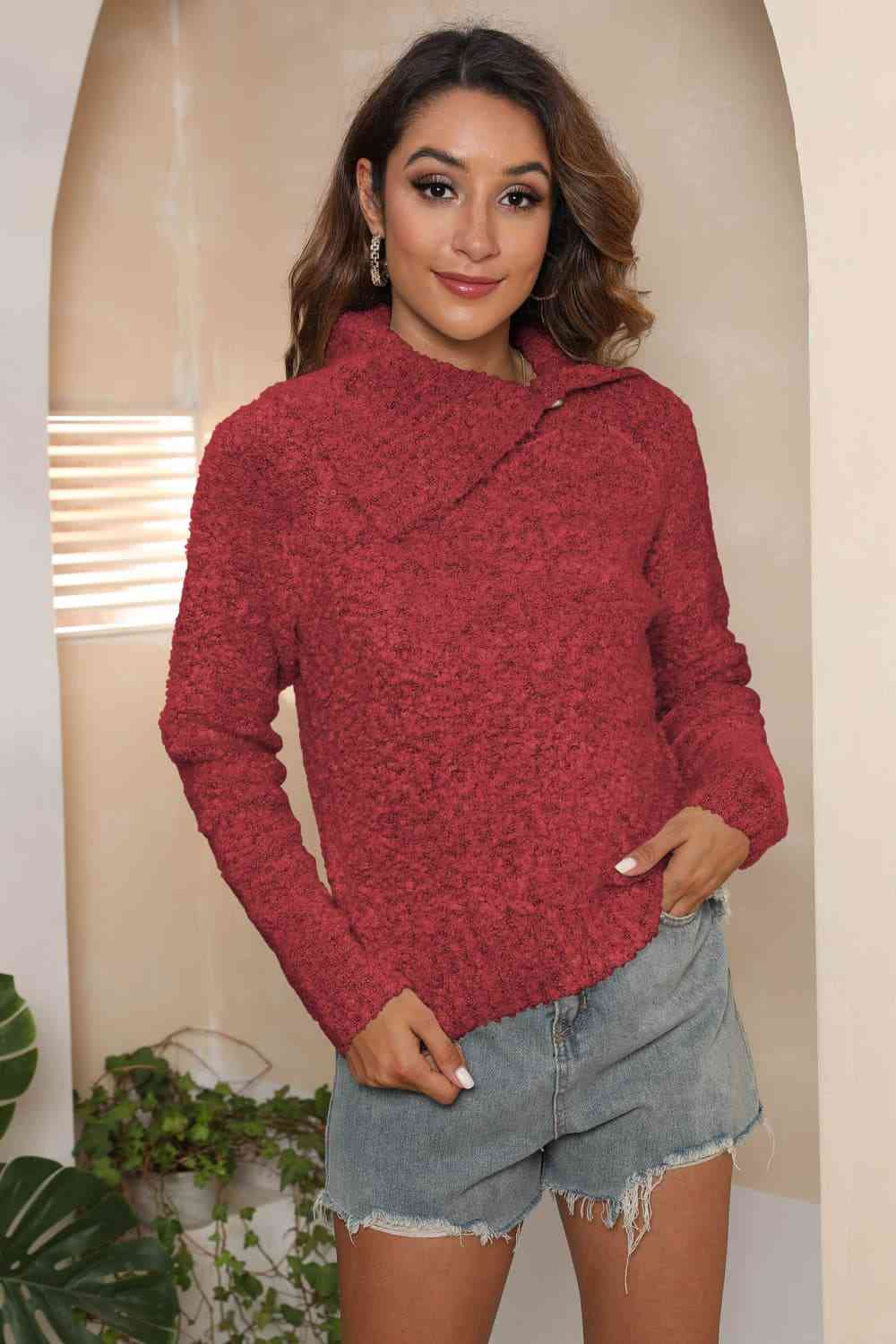 Asymmetrical Neck Long Sleeve Pullover Sweater - Deals DejaVu