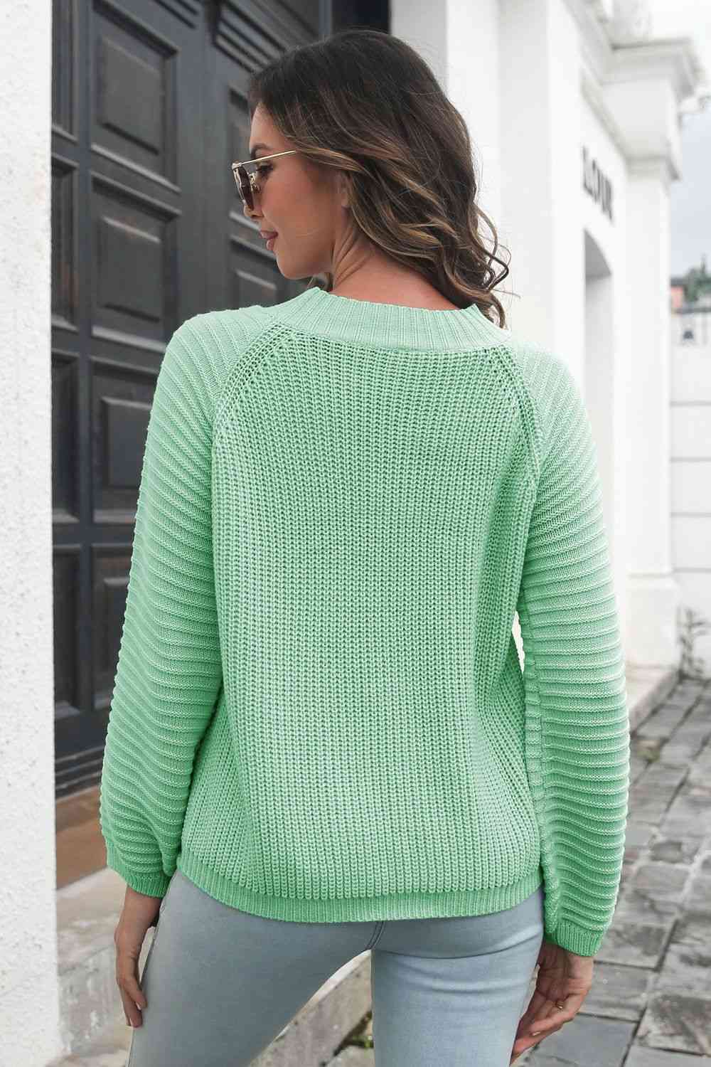 Round Neck Rib-Knit Sweater - Deals DejaVu