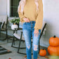 Round Neck Dropped Shoulder Waffle-Knit Sweater