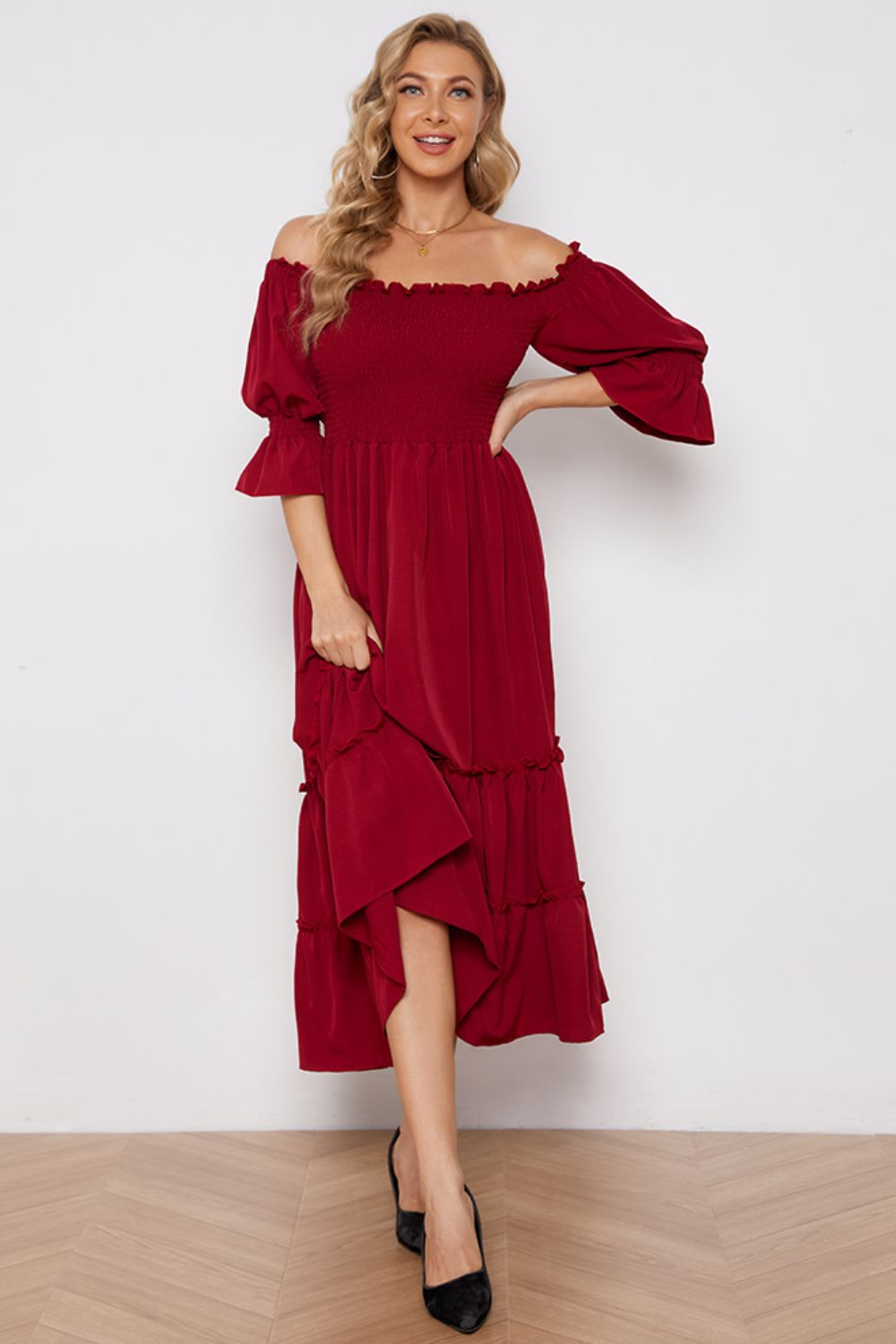 Off-Shoulder Flounce Sleeve Frill Trim Tiered Dress (BWD)(WS06)T