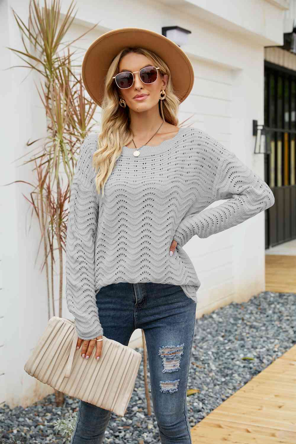 Woven Right Scalloped Boat Neck Openwork Tunic Sweater - Deals DejaVu