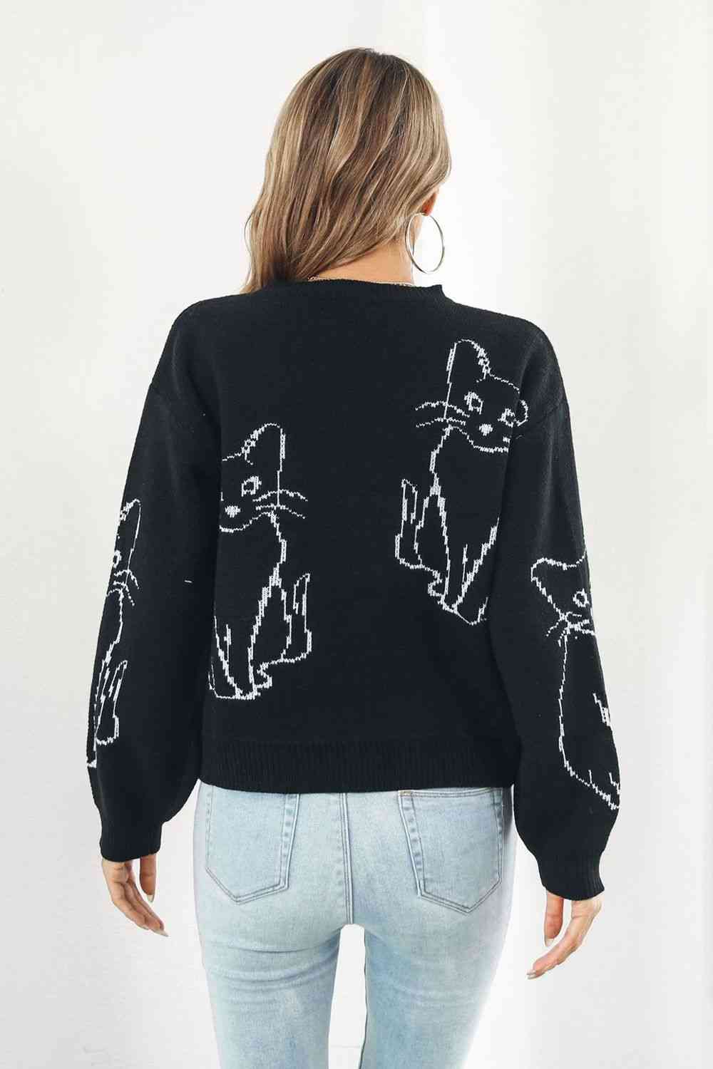 Cat Pattern Round Neck Long Sleeve Pullover Sweater - Deals DejaVu