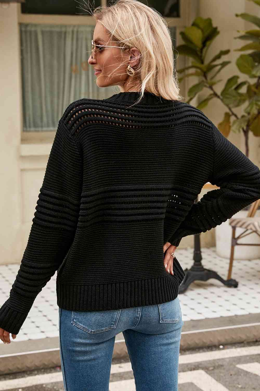 Round Neck Openwork Long Sleeve Pullover Sweater - Deals DejaVu