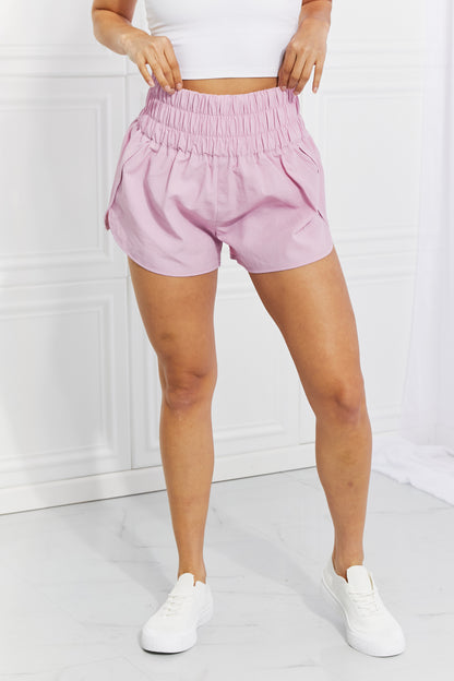 Zenana Cross Country Smocked Waist Running Shorts in Pink (TBL2) T