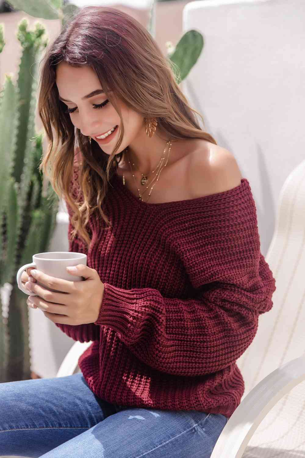 V-Neck Ribbed Knit Sweater - Deals DejaVu