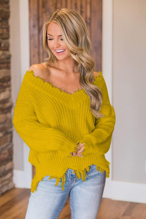 Frayed Hem Dropped Shoulder Sweater - Deals DejaVu