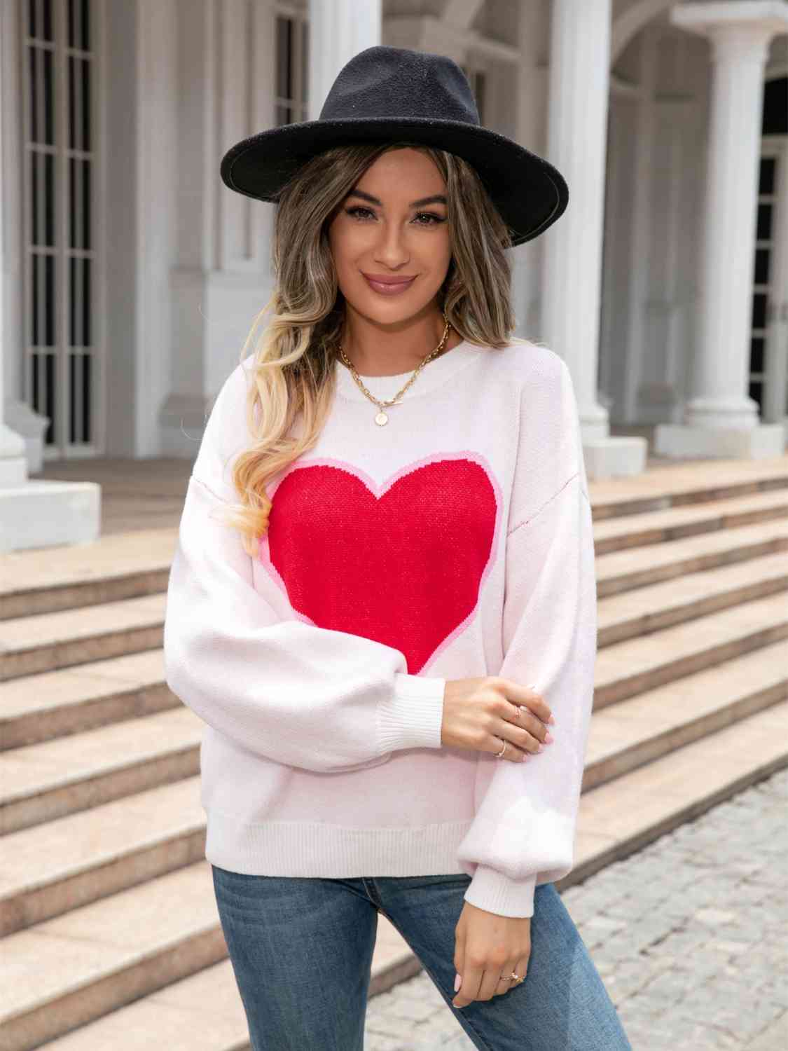 Heart Graphic Round Neck Sweater - Deals DejaVu