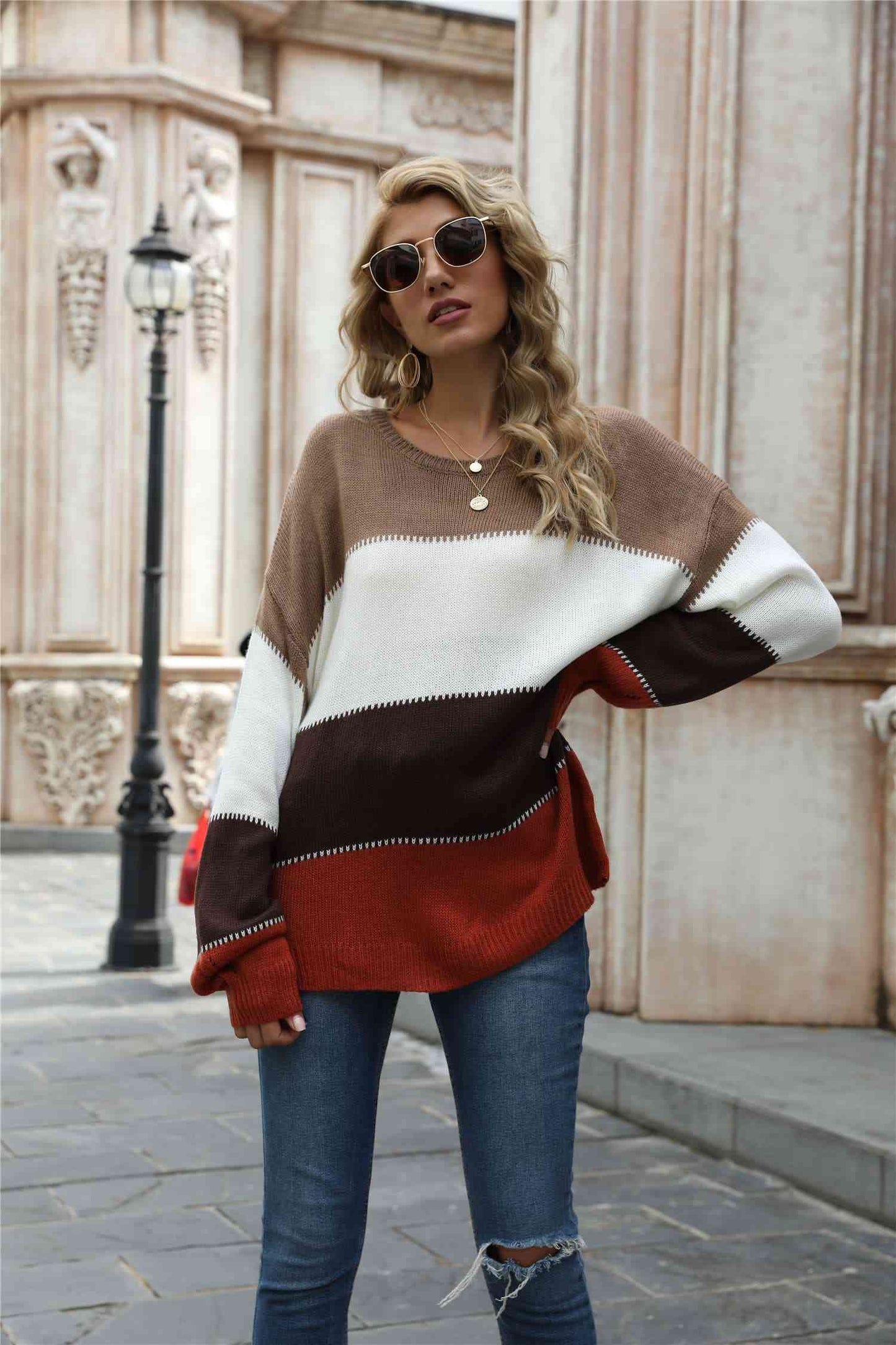 Color Block Round Neck Sweater - Deals DejaVu