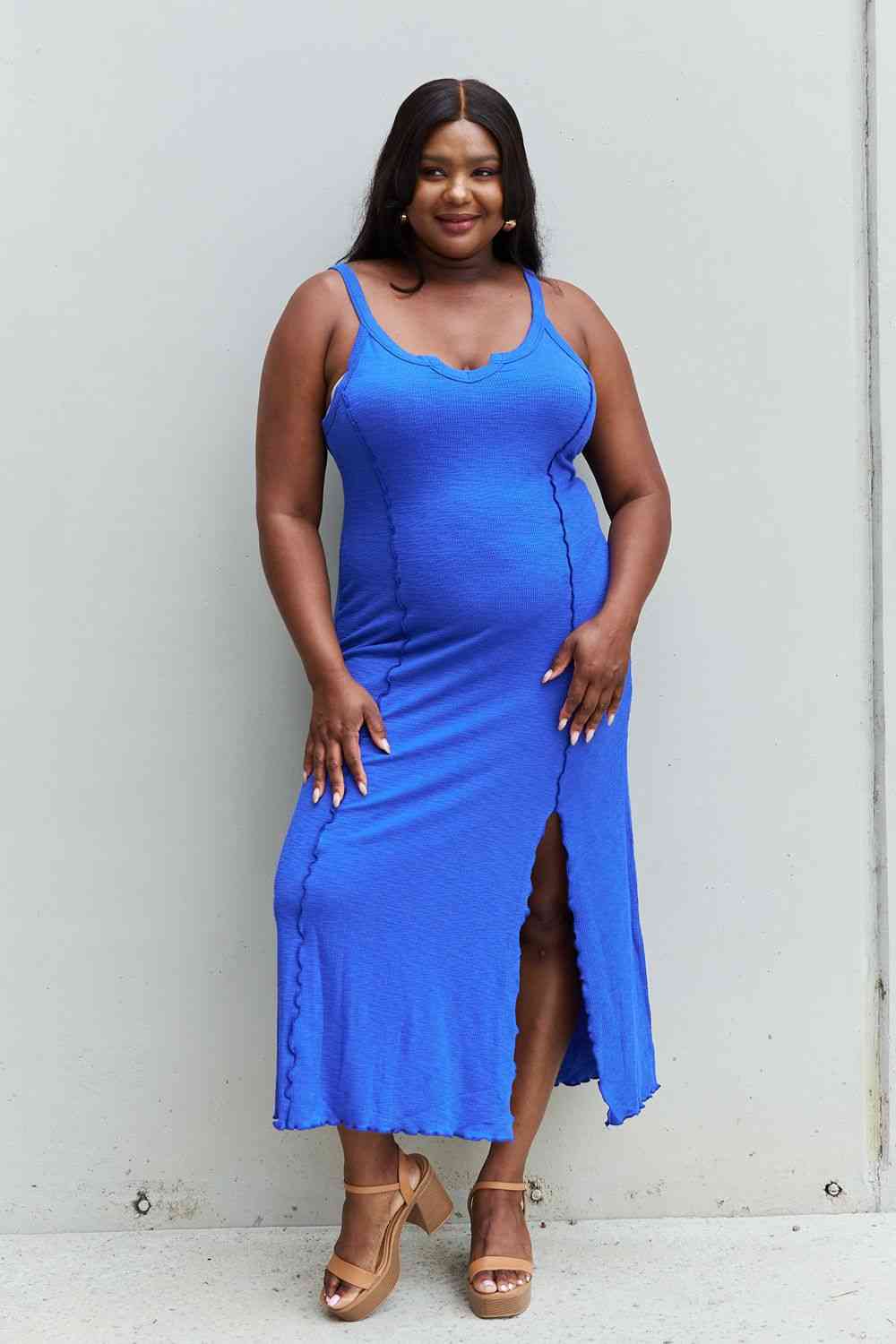 Culture Code Look At Me Full Size Notch Neck Maxi Dress with Slit in Cobalt Blue (BWMT) T - Deals DejaVu