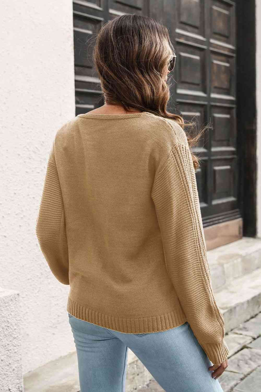 Ribbed Scoop Neck Long Sleeve Pullover Sweater - Deals DejaVu