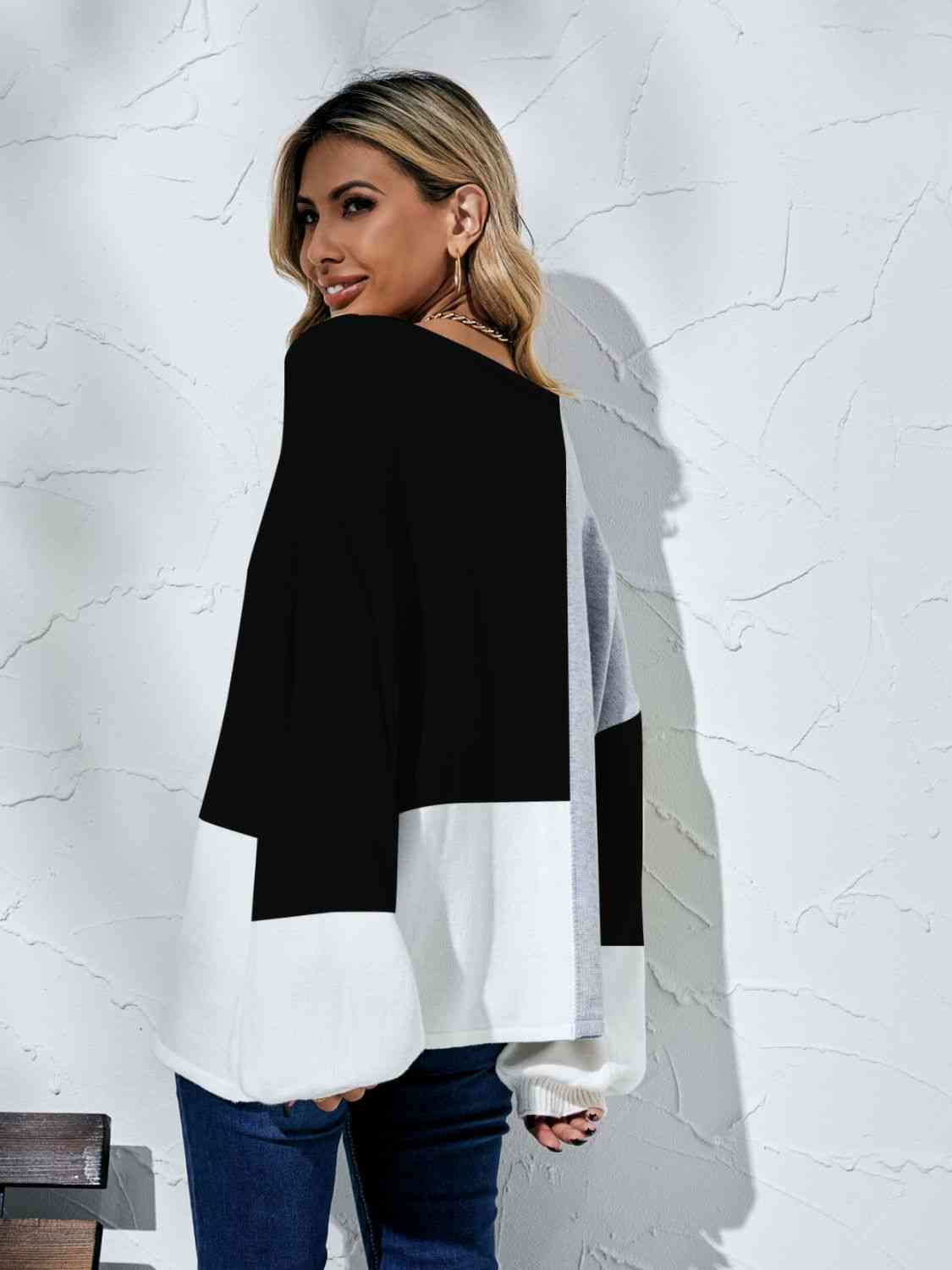 Color Block Balloon Sleeve Boat Neck Sweater - Deals DejaVu