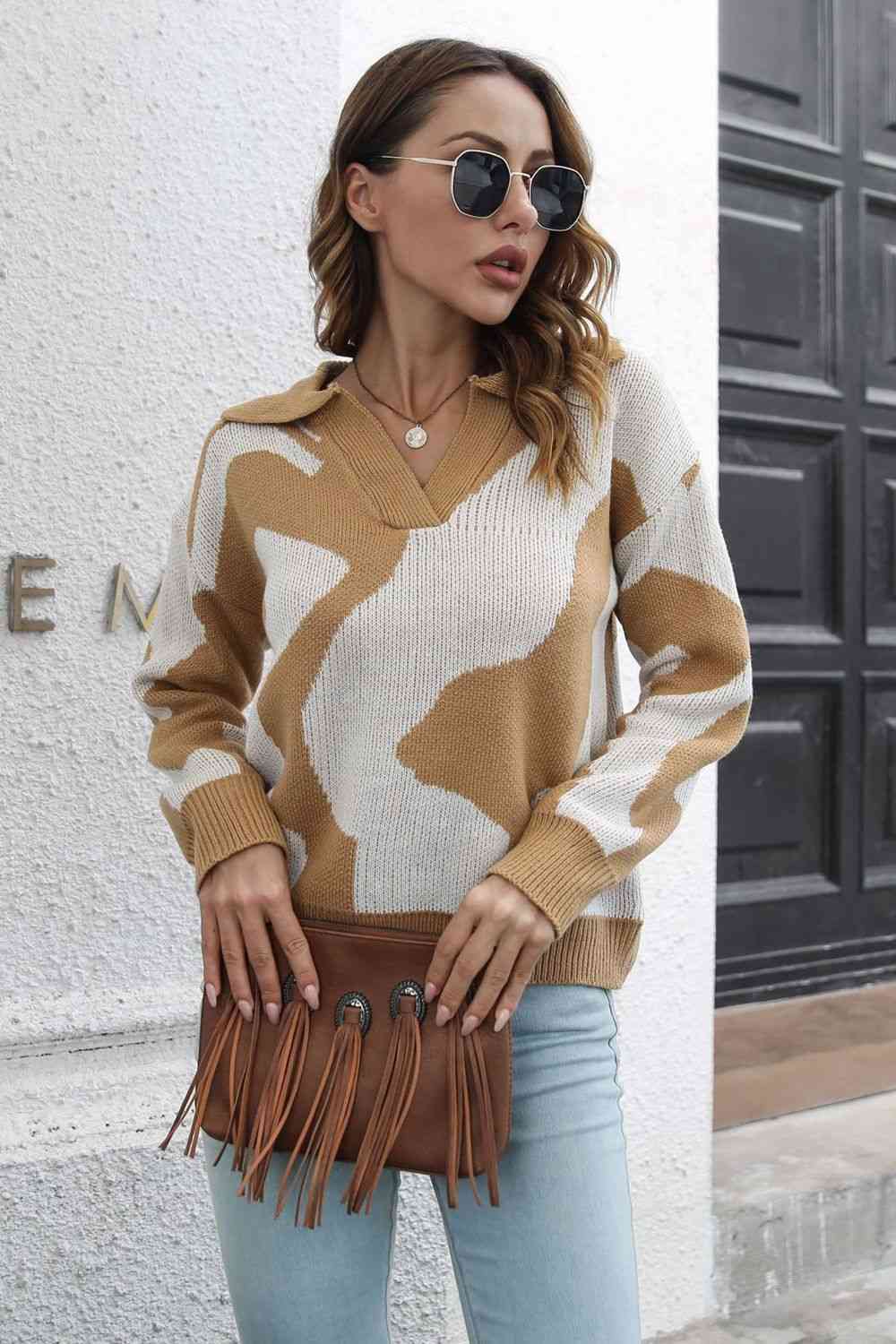 Two-Tone Johnny Collar Dropped Shoulder Pullover Sweater - Deals DejaVu