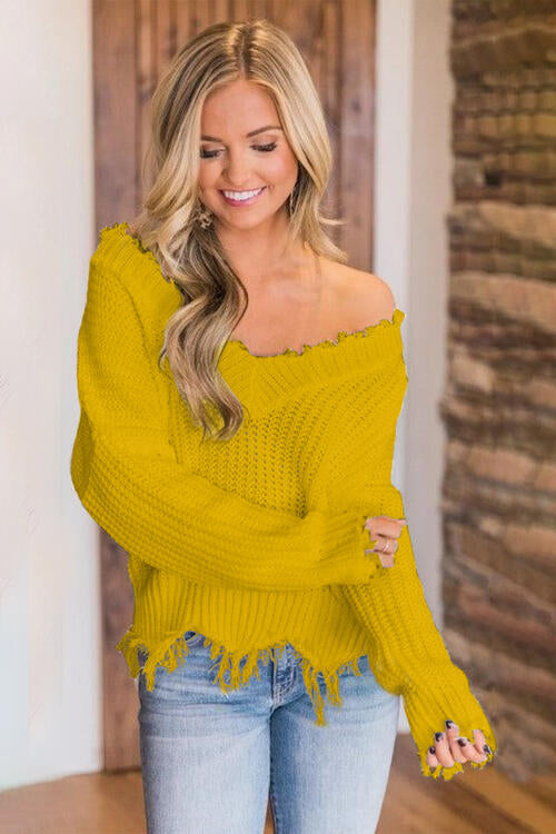 Frayed Hem Dropped Shoulder Sweater - Deals DejaVu