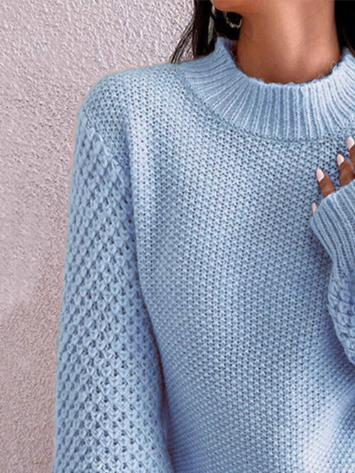 Openwork Mock Neck Long Sleeve Sweater - Deals DejaVu