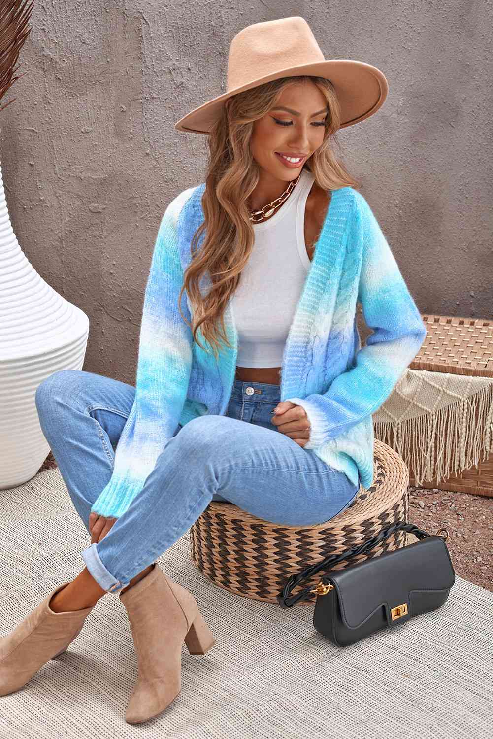 Woven Right Tie-Dye Cable-Knit Raglan Sleeve Open Front Cardigan