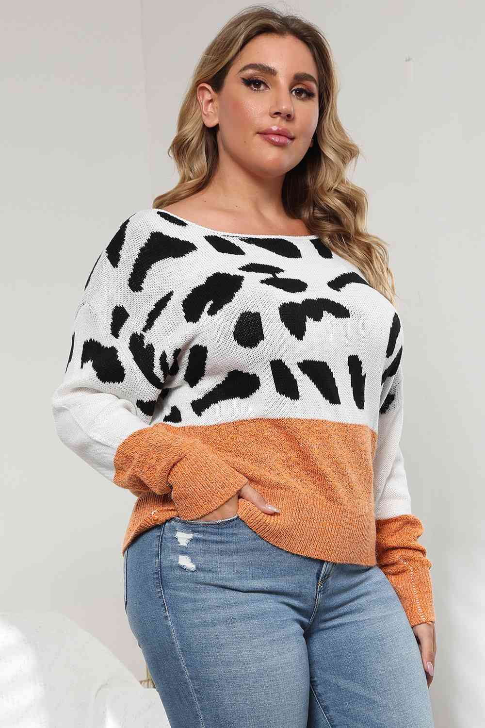 Plus Size Leopard Round Neck Long Sleeve Sweater - Deals DejaVu