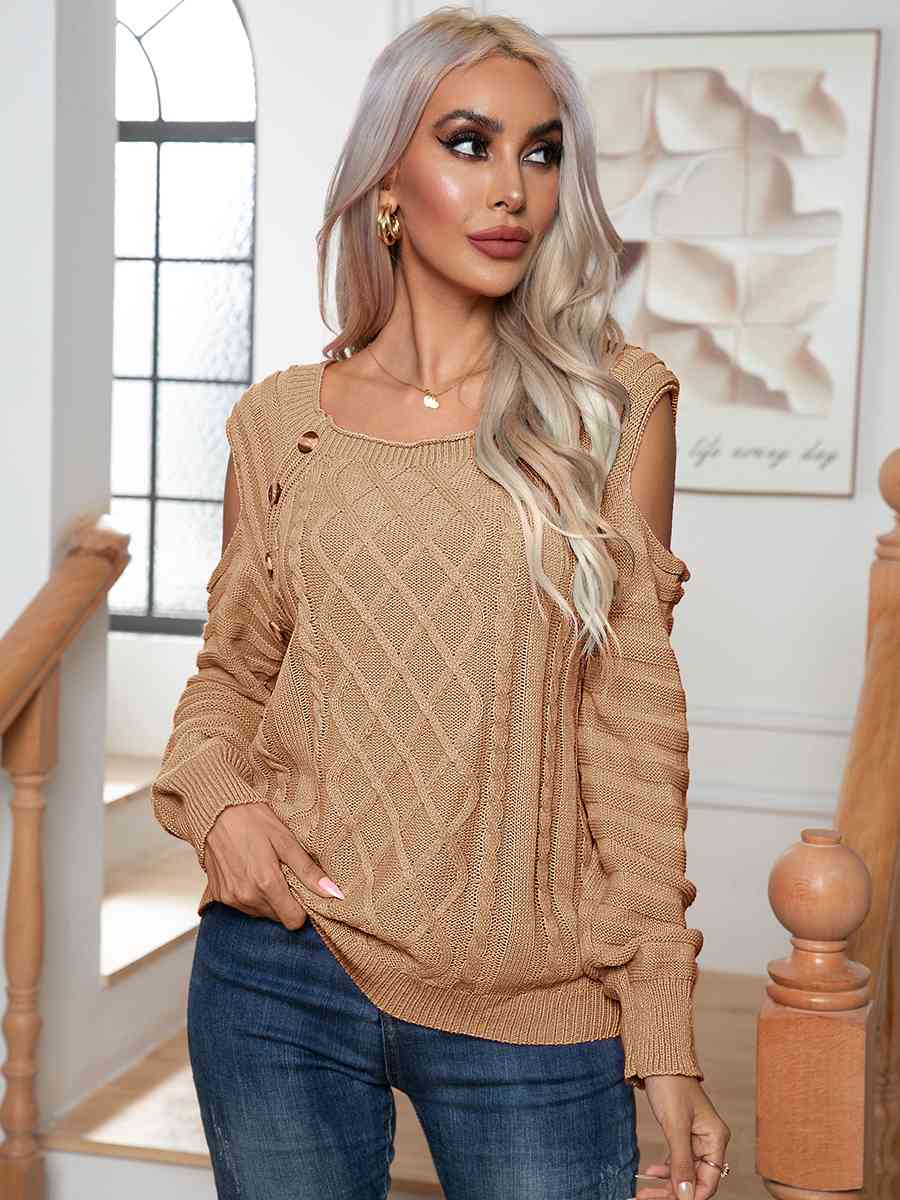 Decorative Button Cold-Shoulder Sweater - Deals DejaVu