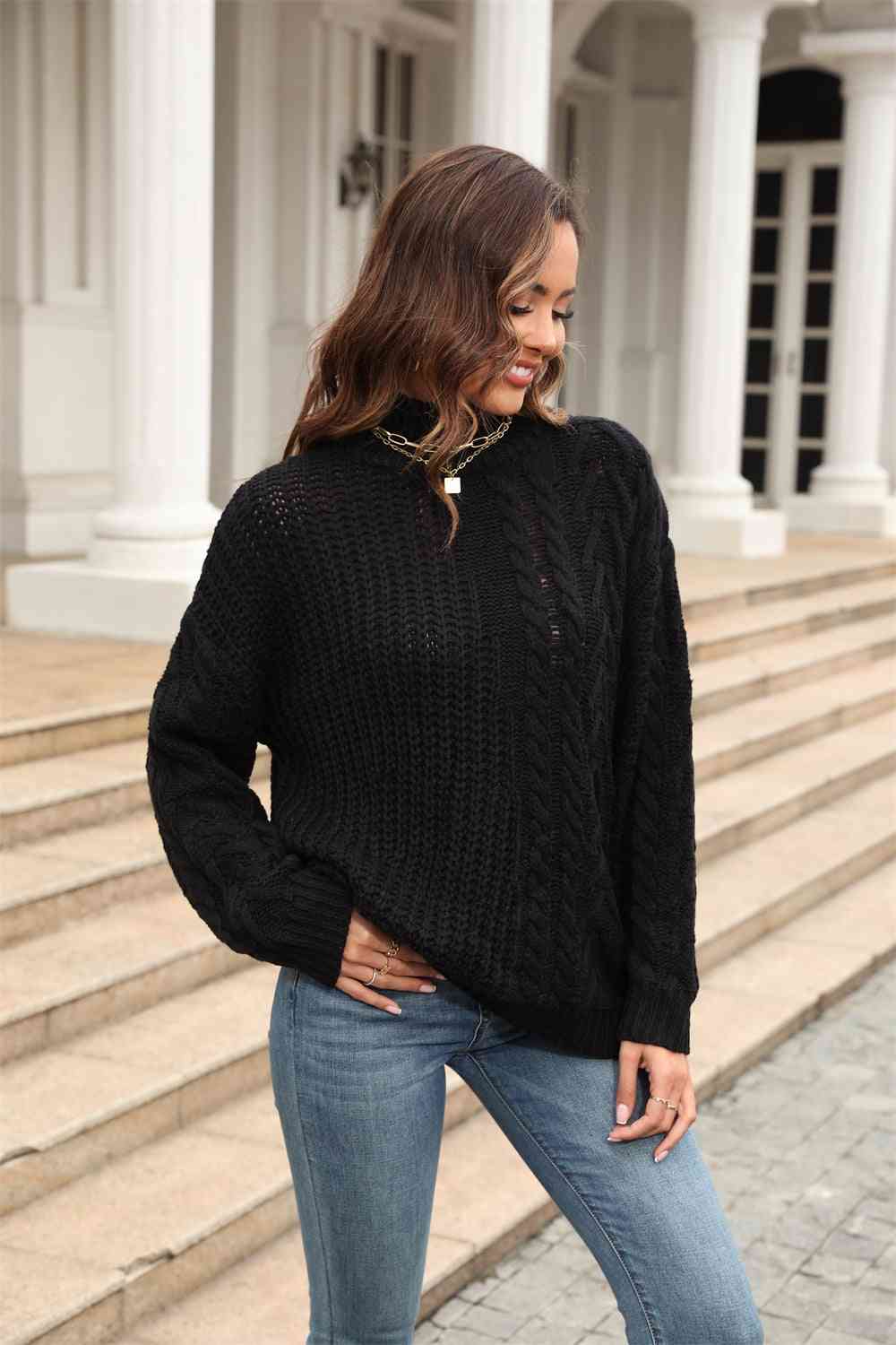 Cable-Knit Turtle Neck Long Sleeve Sweater - Deals DejaVu