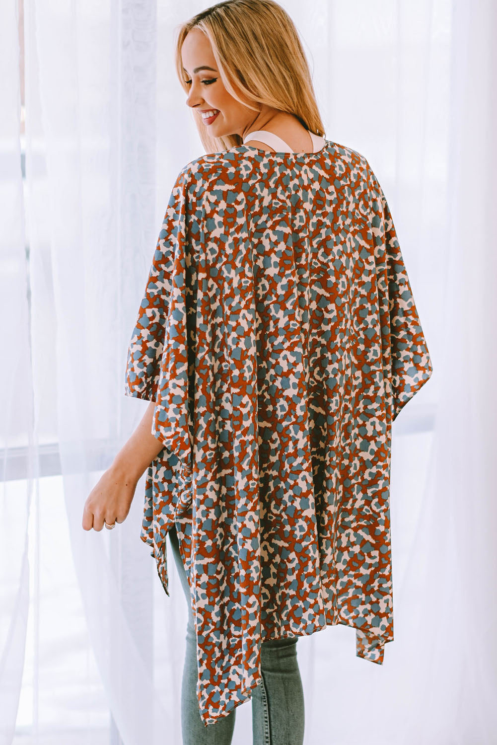Printed Open Front Three-Quarter Sleeve Cover Up (TB11D) T