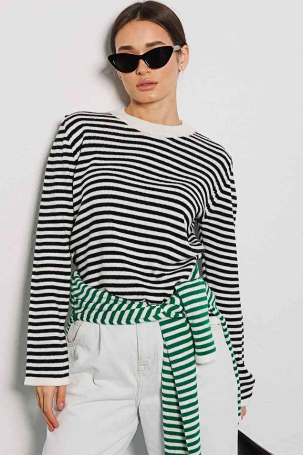 Striped Round Neck Long Sleeve Sweater - Deals DejaVu