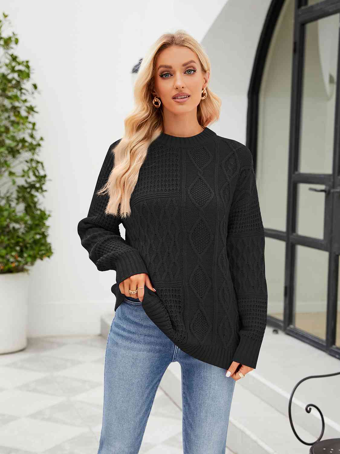 Round Neck Dropped Shoulder Sweater - Deals DejaVu