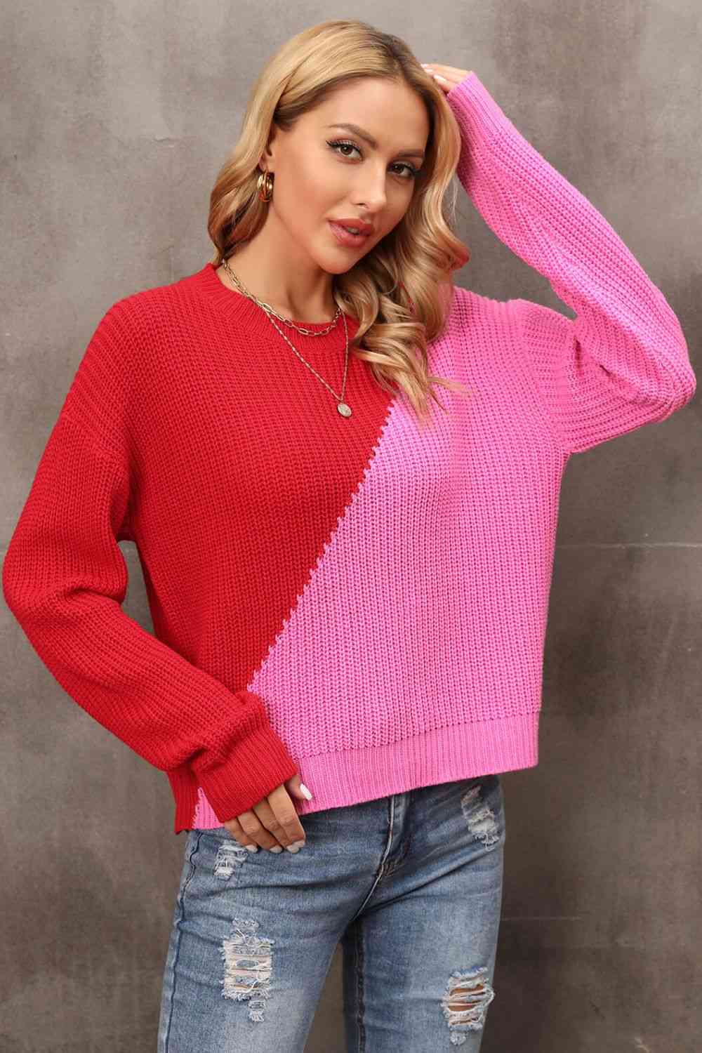 Two-Tone Round Neck Dropped Shoulder Sweater - Deals DejaVu