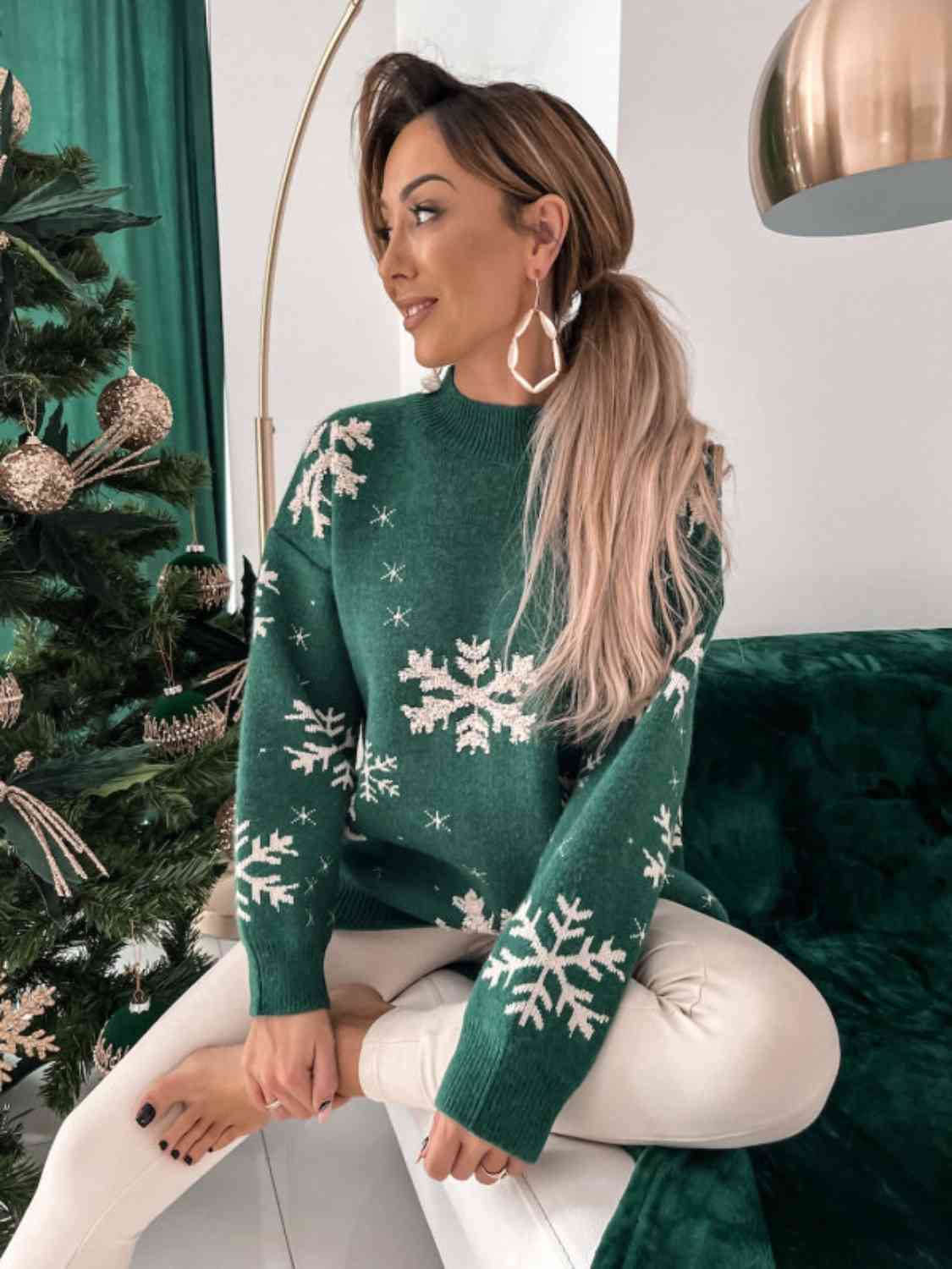 Snowflake Pattern Mock Neck Sweater - Deals DejaVu