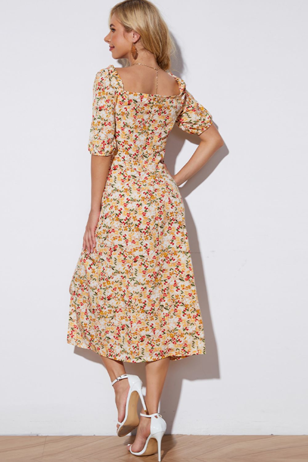 Floral Tied Square Neck Split Dress (BWD)(WS06)T - Deals DejaVu