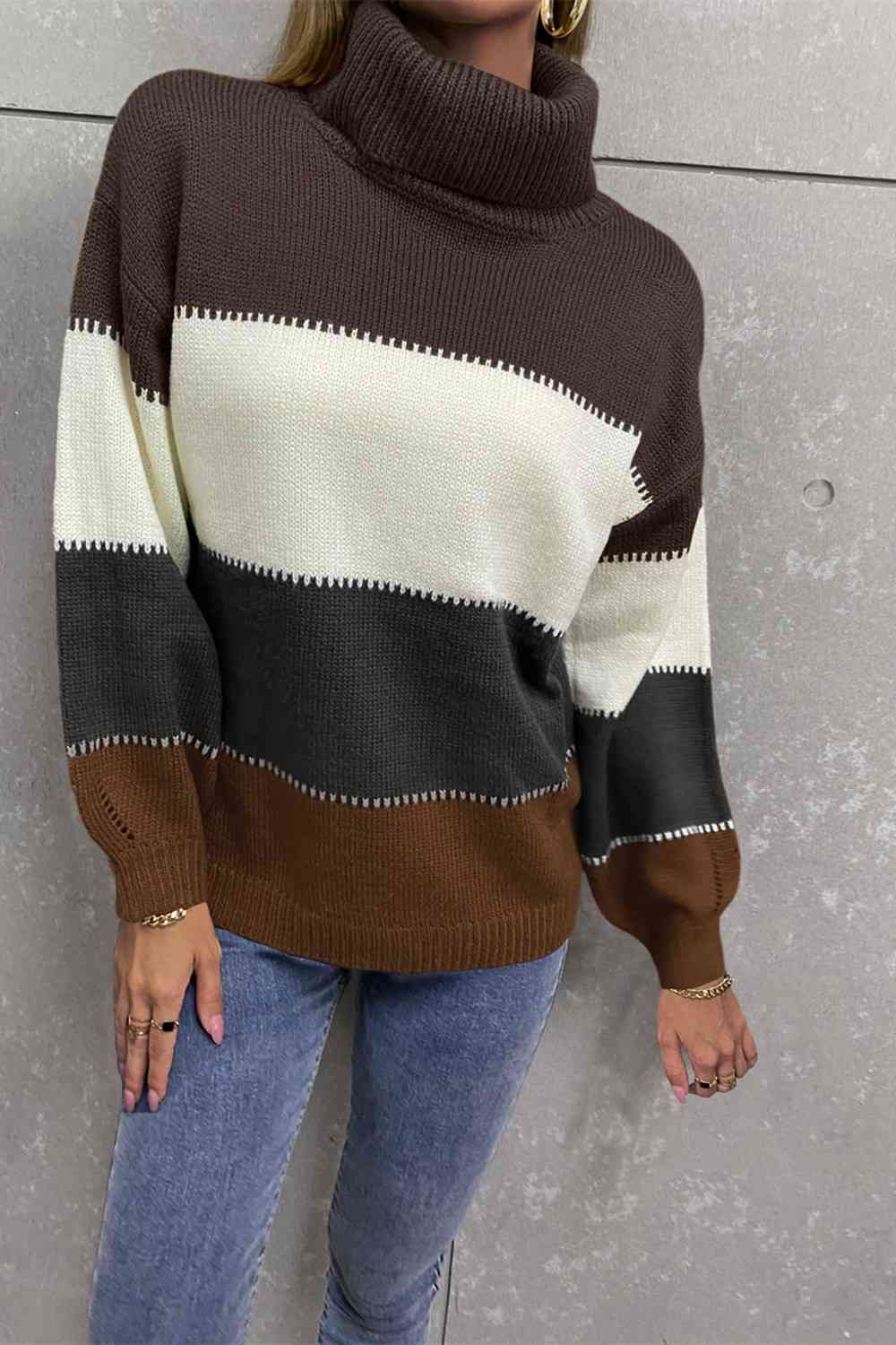 Color Block Lantern Sleeve Turtleneck Sweater - Deals DejaVu