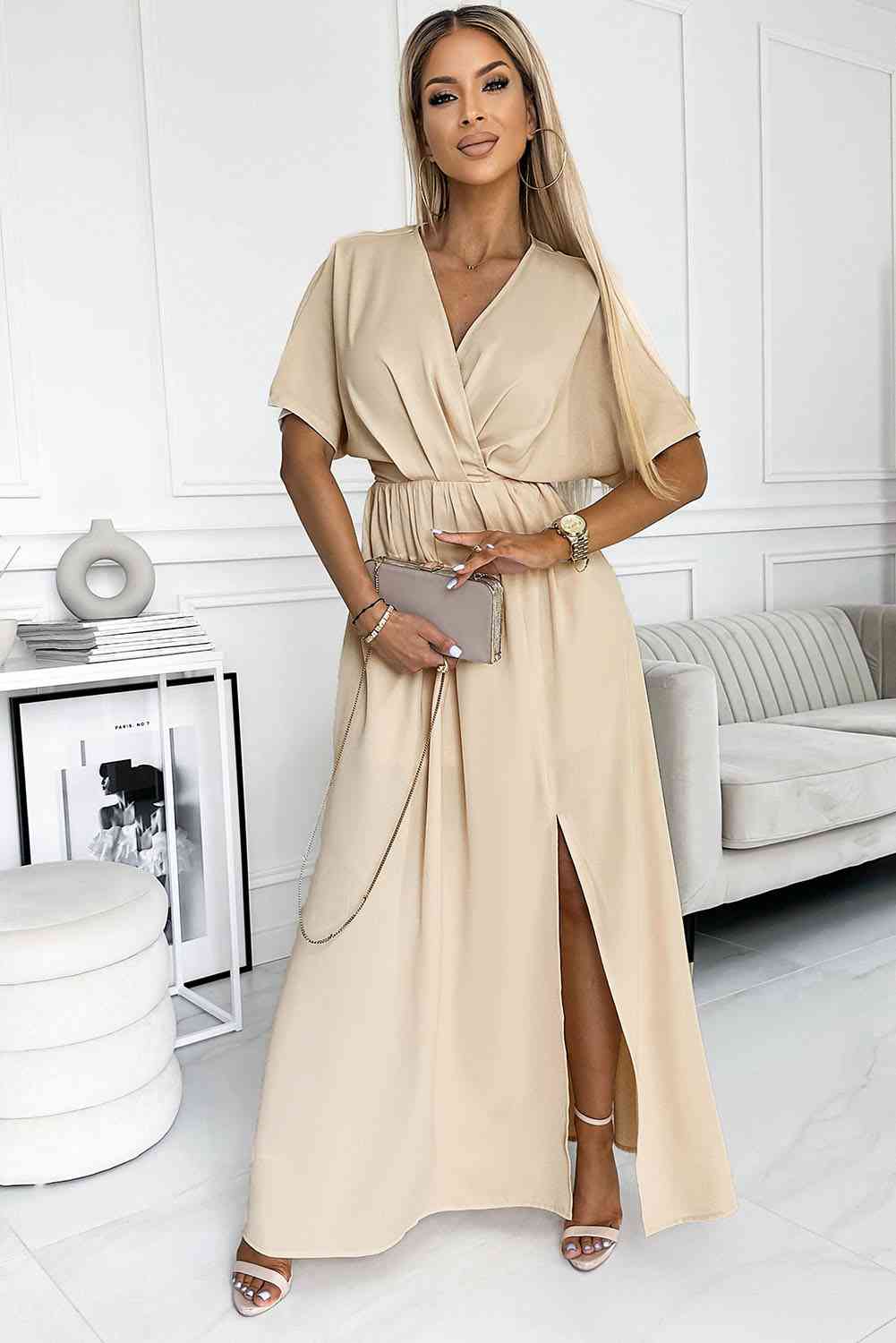 Surplice Neck Slit Maxi Dress (BWM) T - Deals DejaVu