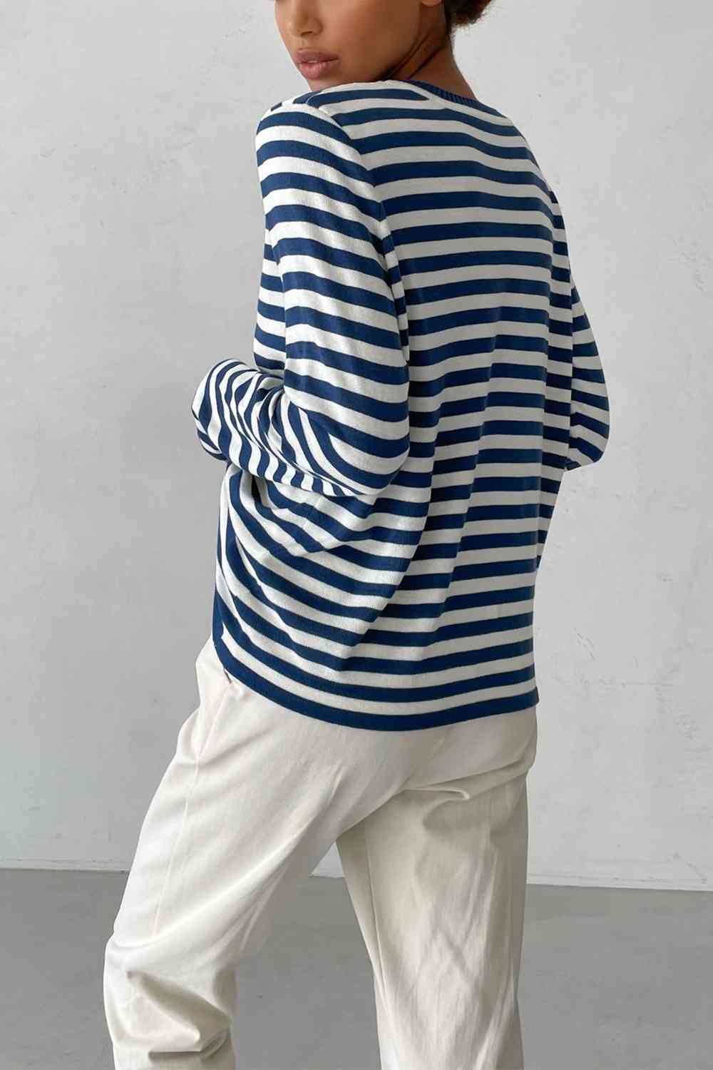 Striped Round Neck Long Sleeve Sweater - Deals DejaVu