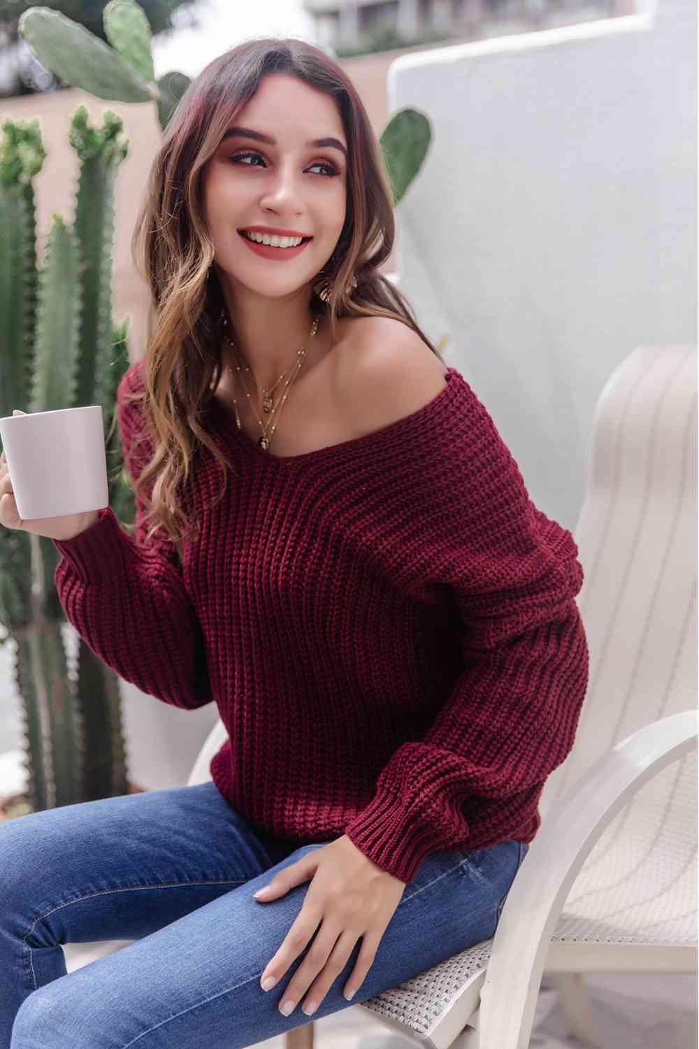 V-Neck Ribbed Knit Sweater - Deals DejaVu