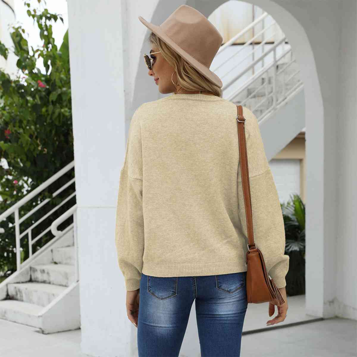 Round Neck Long Sleeve Drop Shoulder Sweater - Deals DejaVu