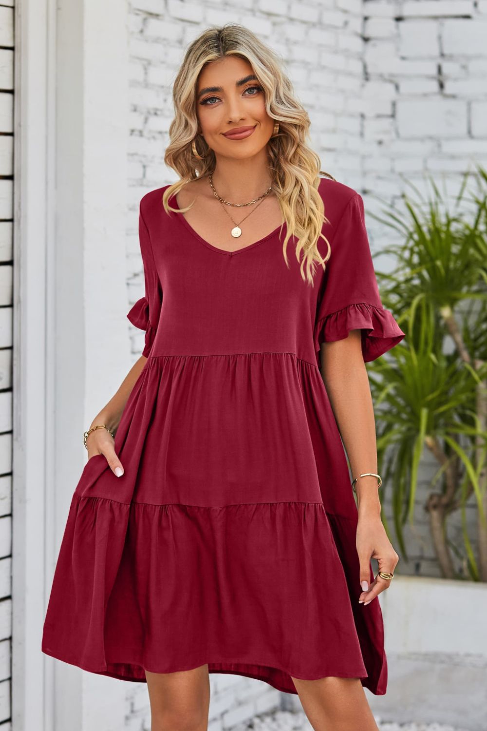 V-Neck Flounce Sleeve Tiered Dress (BWD)(WS06)T - Deals DejaVu