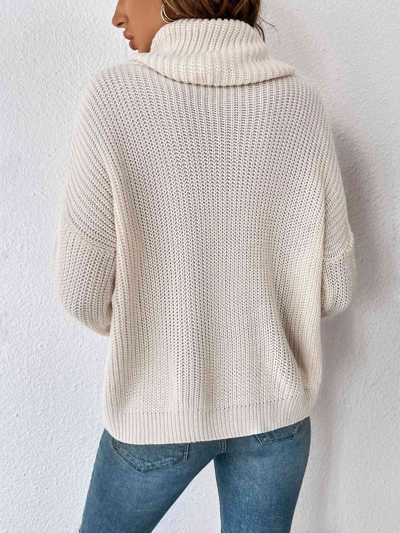 Woven Right Decorative Button Turtleneck Dropped Shoulder Sweater - Deals DejaVu