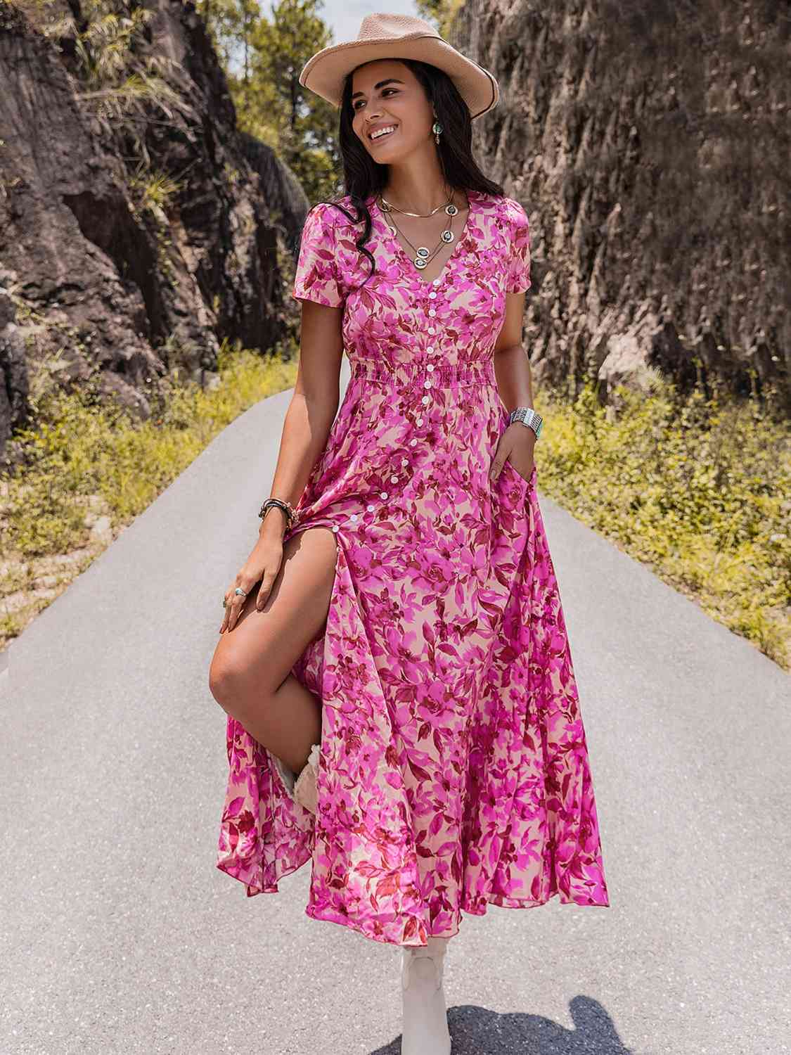 Floral V-Neck Slit Dress (MWBT) T - Deals DejaVu