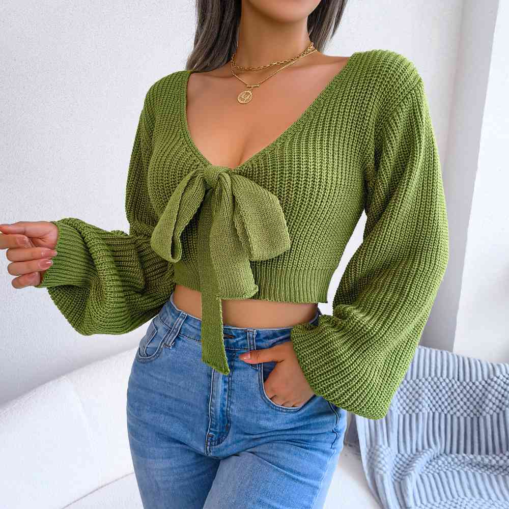 Tie-Front Rib-Knit Cropped Sweater - Deals DejaVu