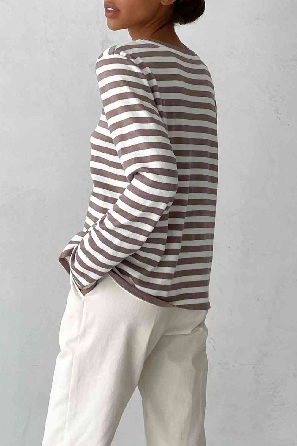 Striped Round Neck Long Sleeve Sweater - Deals DejaVu