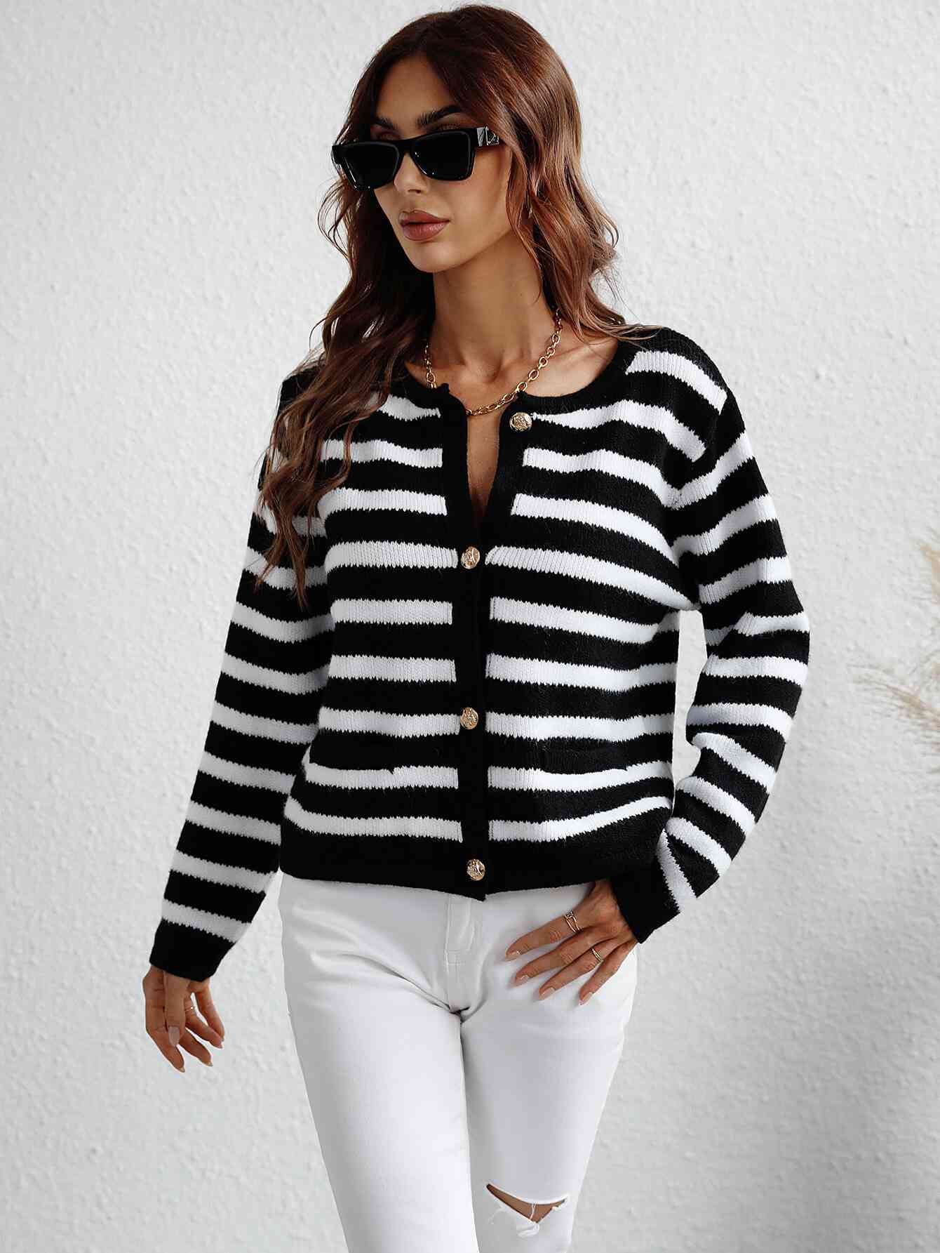 Woven Right Striped Button Front Cardigan