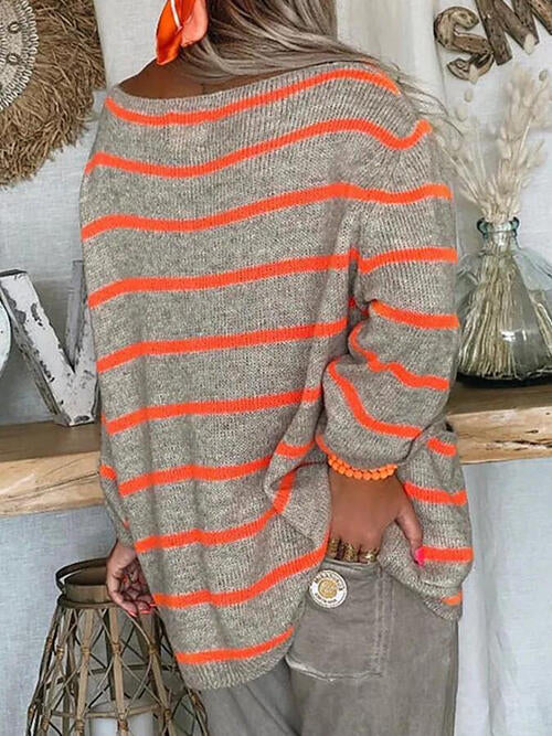 Striped Buttoned Long Sleeve Sweater with Pocket - Deals DejaVu