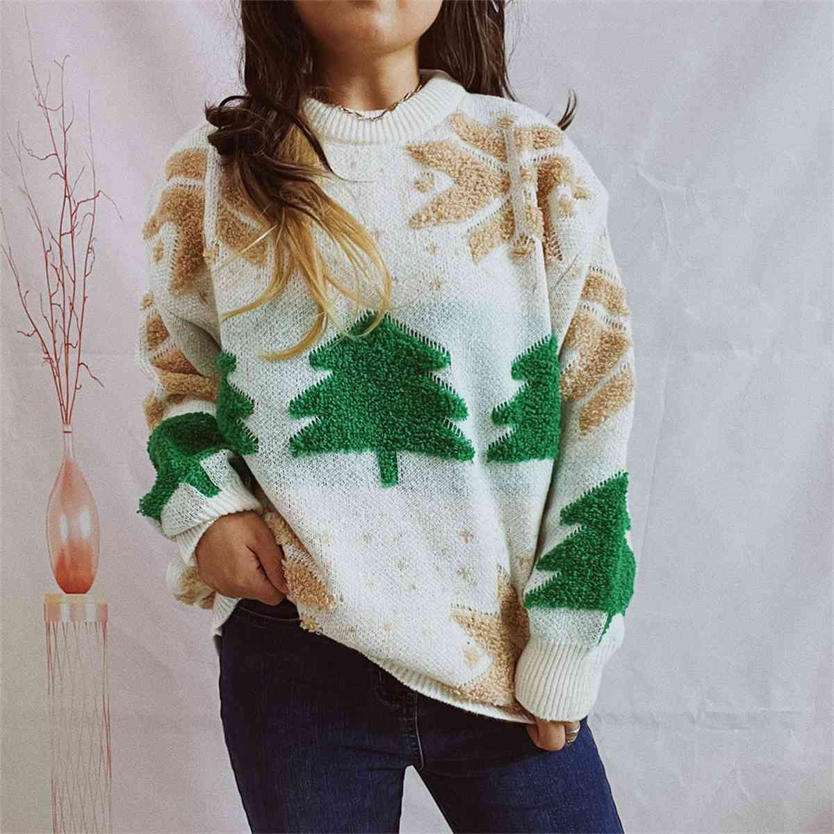 Snowflake Round Neck Long Sleeve Sweater - Deals DejaVu