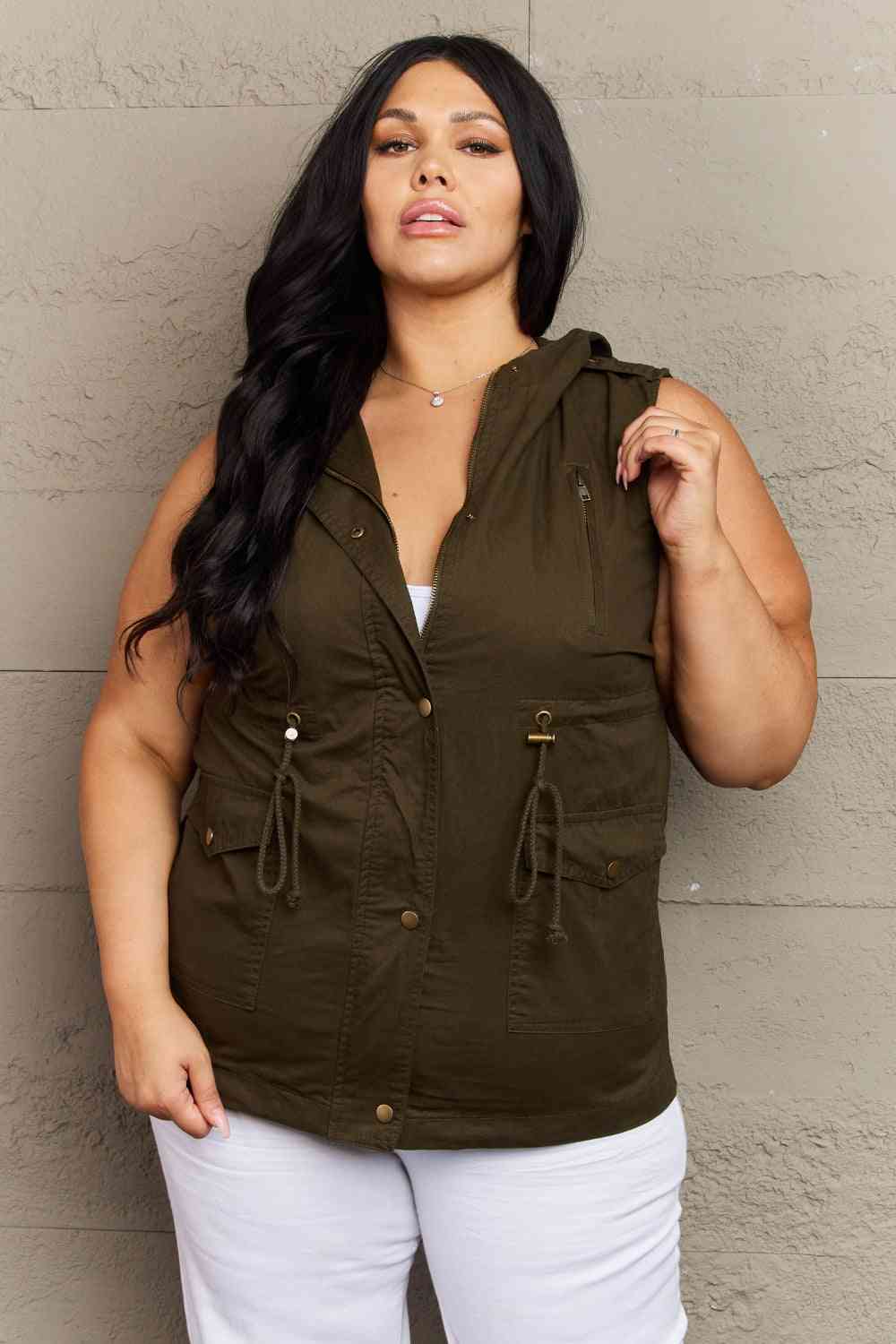 Zenana More To Come Full Size Military Hooded Vest - Deals DejaVu