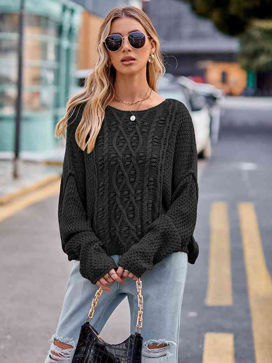 Round Neck Cable-Knit Sweater - Deals DejaVu