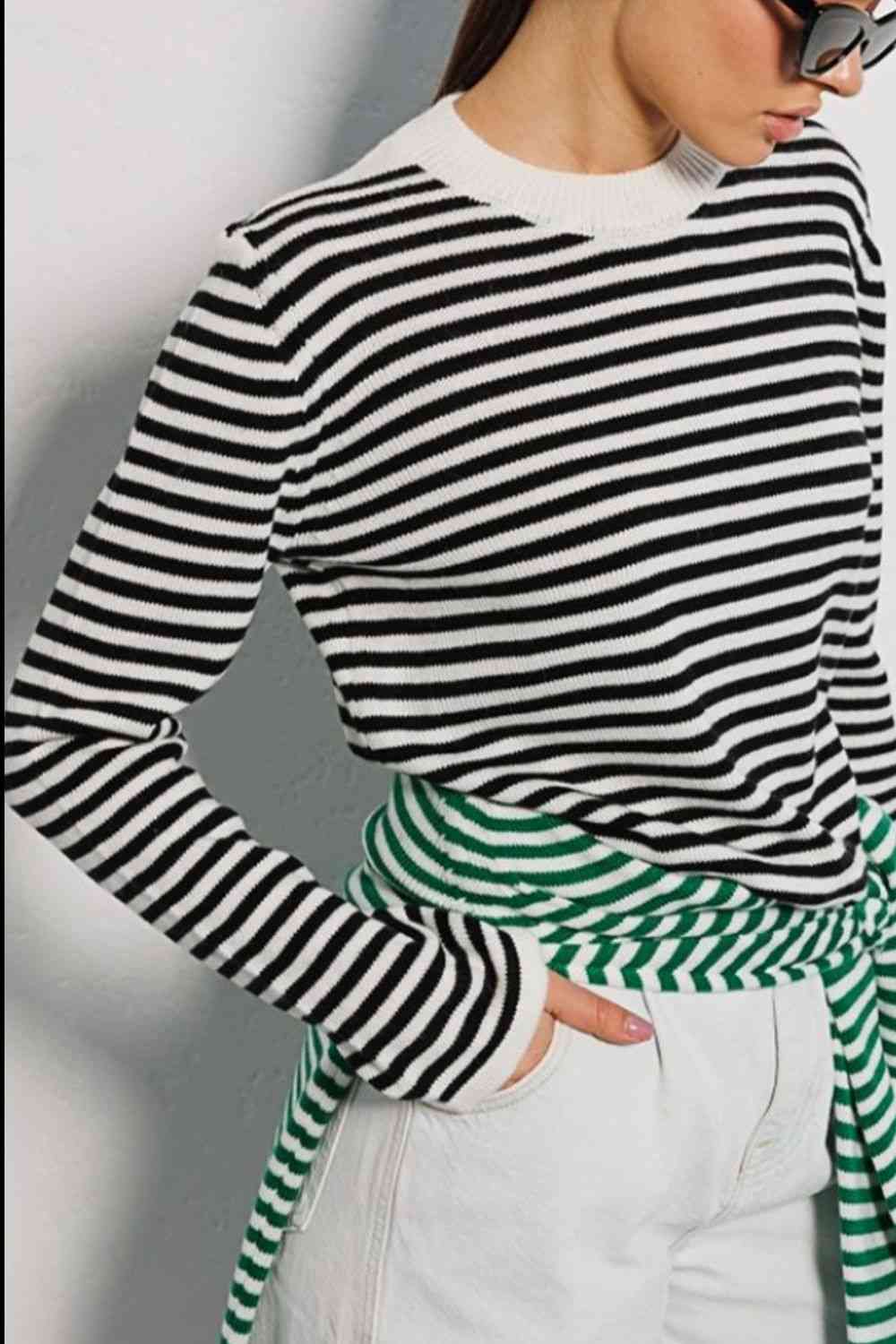 Striped Round Neck Long Sleeve Sweater - Deals DejaVu