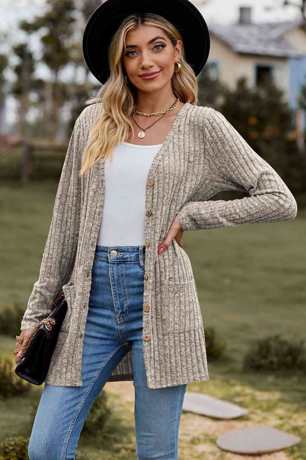 Ribbed Button-Up Cardigan with Pockets (BFD) T - Deals DejaVu