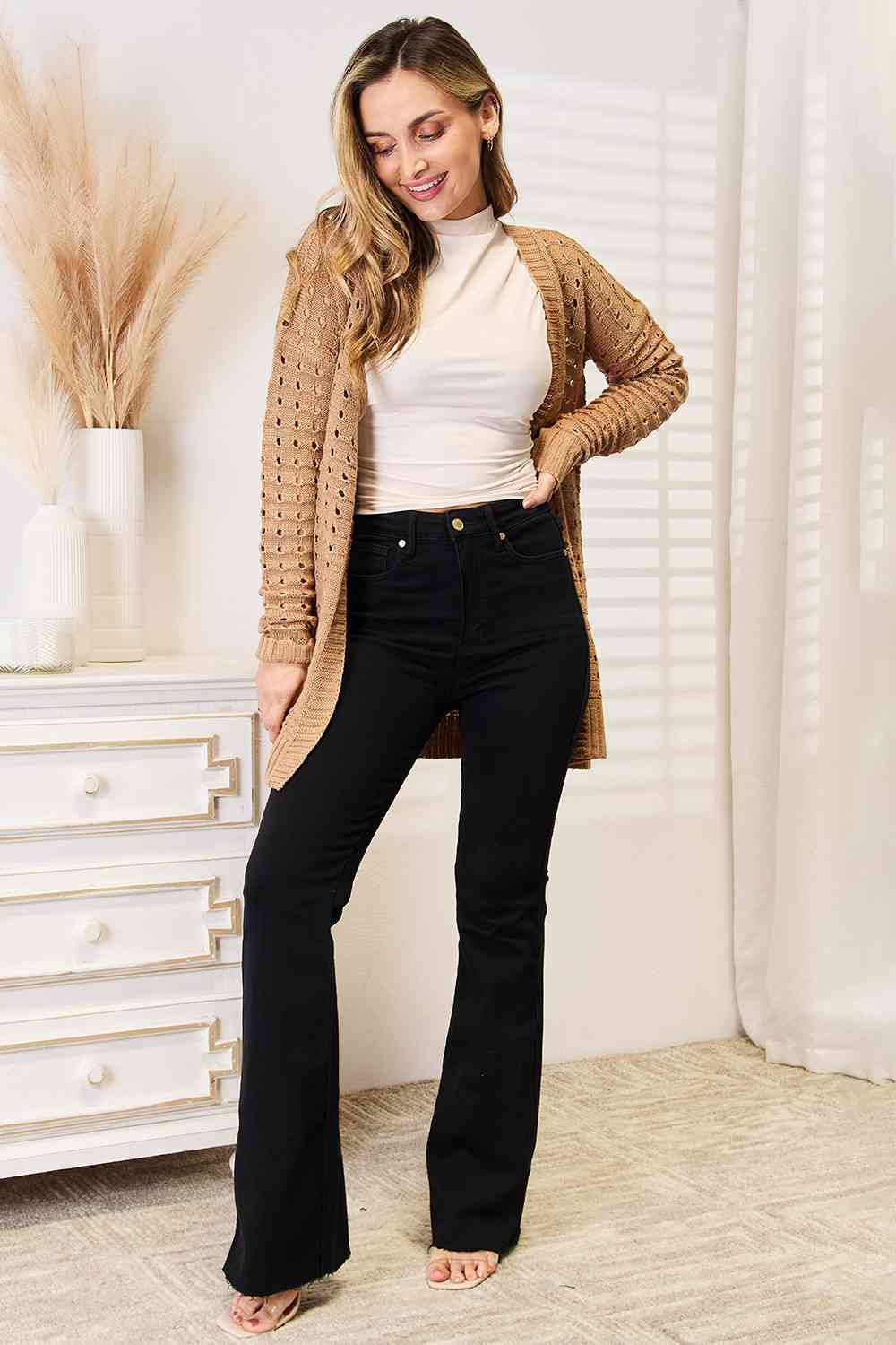 Woven Right Openwork Horizontal Ribbing Open Front Cardigan (BFD) T - Deals DejaVu